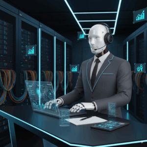 Robot w garniturze w futurystycznym centrum danych, pracujący na przezroczystym komputerze z cyfrowymi wykresami. Scena jest elegancka i skupiona na technologii.