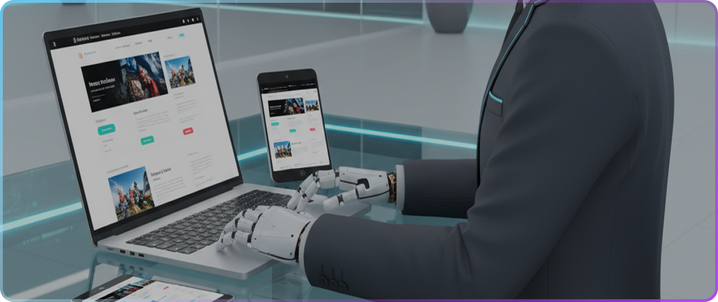 Robot w garniturze korzysta z laptopa, tabletu i smartfona na nowoczesnym szklanym biurku. Scena ukazuje zaawansowaną technologię i automatyzację.