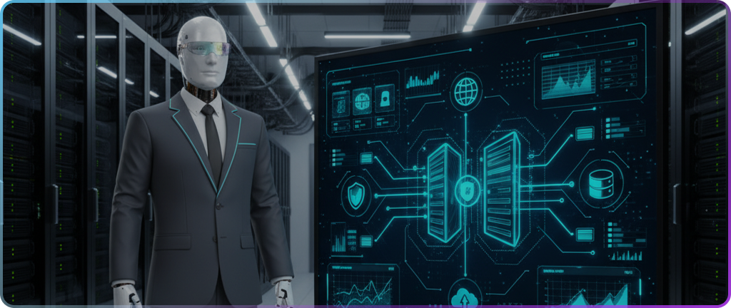 Robot w garniturze stoi obok cyfrowego ekranu wyświetlającego futurystyczne wykresy danych i ikony w serwerowni, co oddaje atmosferę zaawansowanej technologii.