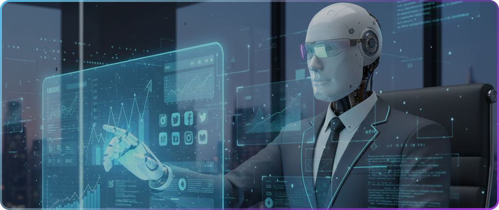 Robot w garniturze wchodzi w interakcję ze świecącym cyfrowym interfejsem wyświetlającym wykresy i ikony mediów społecznościowych, co sugeruje zaawansowaną technologię sztucznej inteligencji w futurystycznym otoczeniu.