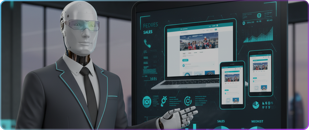 Robot w garniturze i krawacie stoi w biurze, wskazując na cyfrowy wyświetlacz pokazujący stronę internetową na wielu urządzeniach. Scena emanuje technologicznym, futurystycznym tonem.