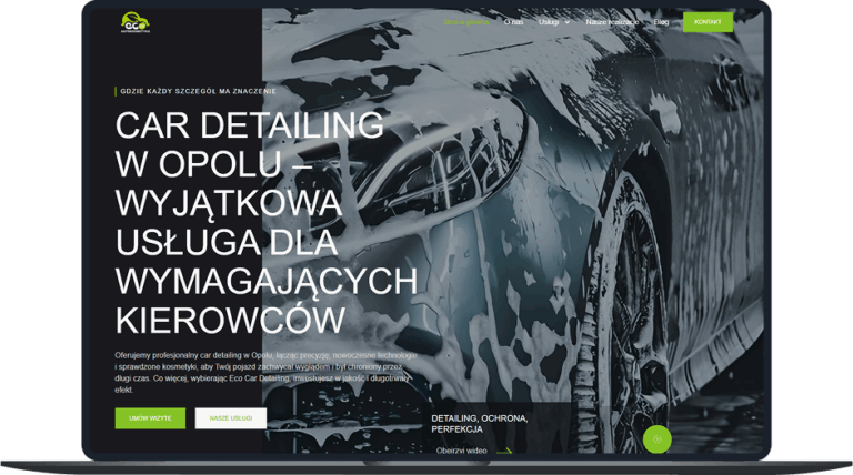 Strona główna witryny prezentująca usługę detailingu samochodowego. Tło strony zdobi zbliżenie samochodu mytego pianą. Pogrubiony, biały tekst w języku polskim promuje usługę, podkreślając dbałość o szczegóły i jakość dla wymagających kierowców. Ton jest profesjonalny i ekskluzywny.